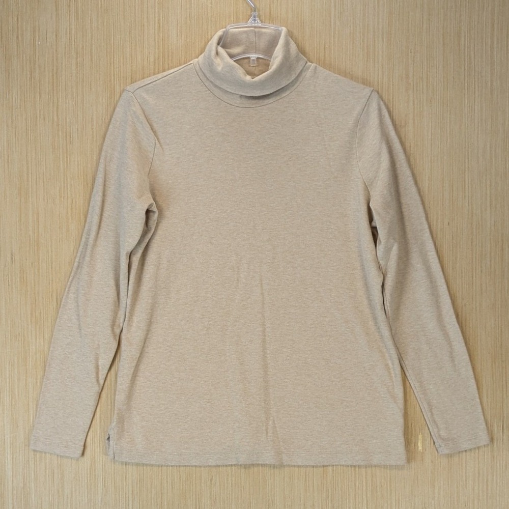 Lands End Womens Preppy Minimalist Turtleneck Top XL Beige Cotton Shaped Fit